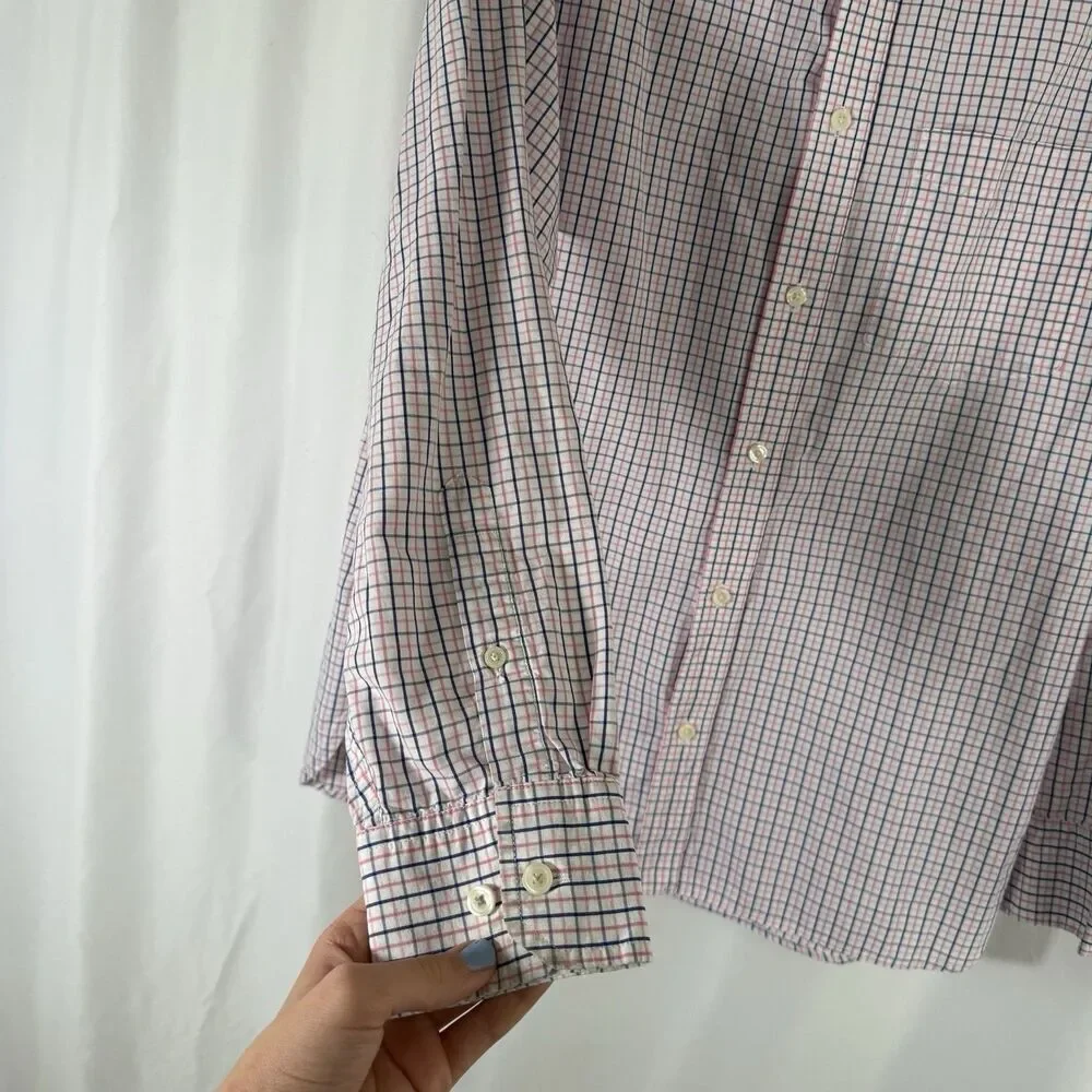 Banana Republic Dress Shirt Men's Medium 15.5 White Pink Plaid Button Up Long Sl